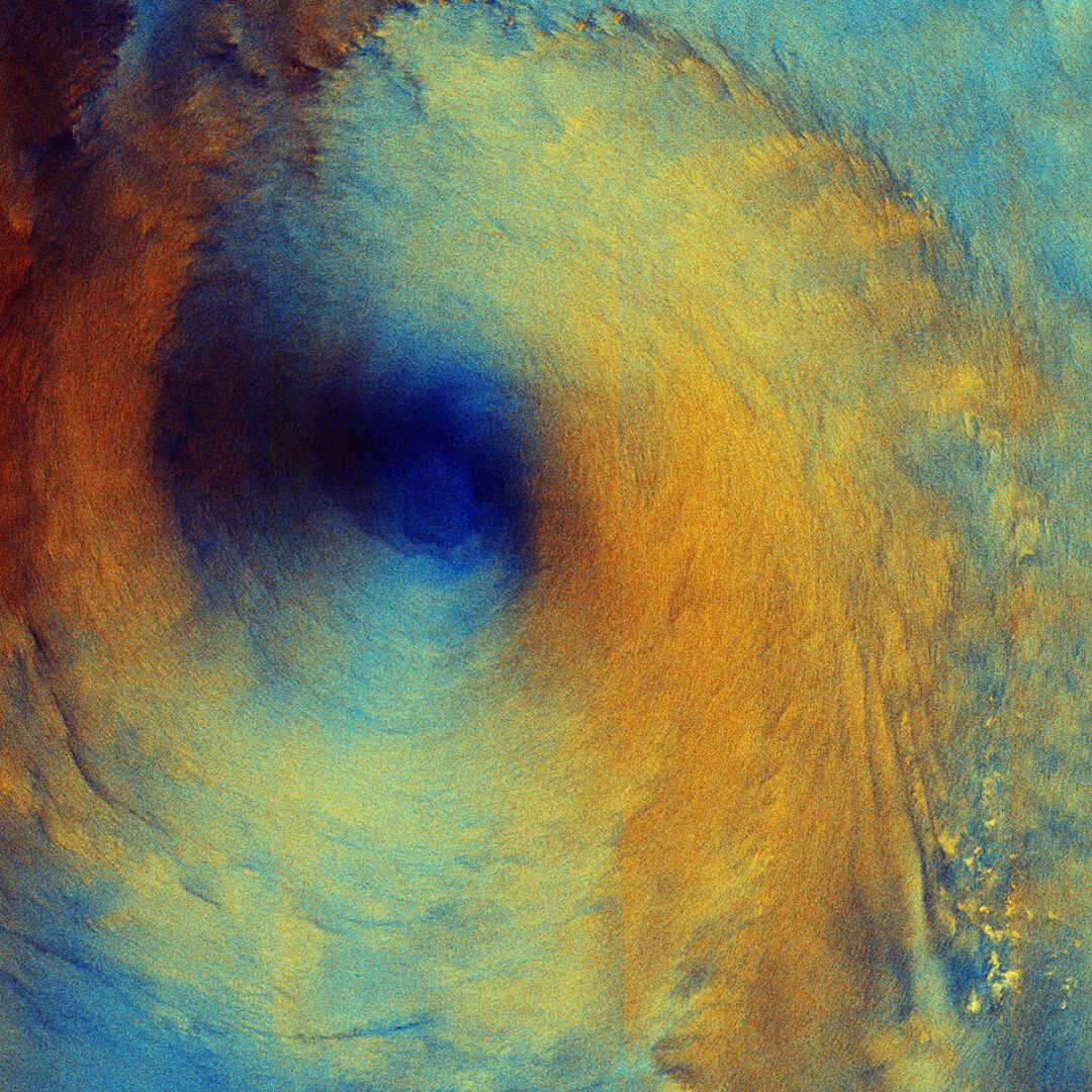 A close-up (cropped) view of the eye of Typhoon Surigae. Credit: Copernicus Sentinel data (2026), processed by ESA